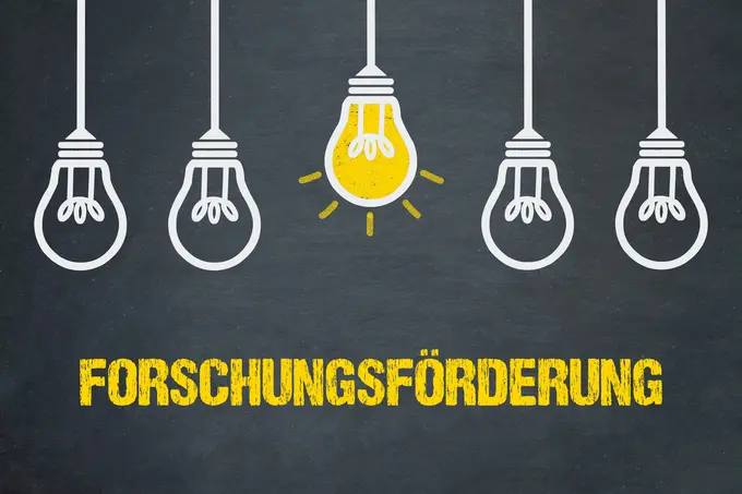 Bildbeschreibung: Fünf Glühbirnen sind angeordnet, von denen eine in leuchtendem Gelb hervorsticht. Darunter steht in großen, gelben Buchstaben das Wort „FORSCHUNGSFÖRDERUNG“. Das Bild symbolisiert innovative Ideen und Unterstützung für Forschungsprojekte.