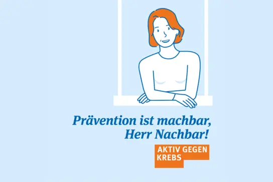 Grafik mit Slogan "Prävention ist machbar, Herr Nachbar!". Darüber befindet sich eine skizzierte Frau innerhalb eines weißen Rahmens.