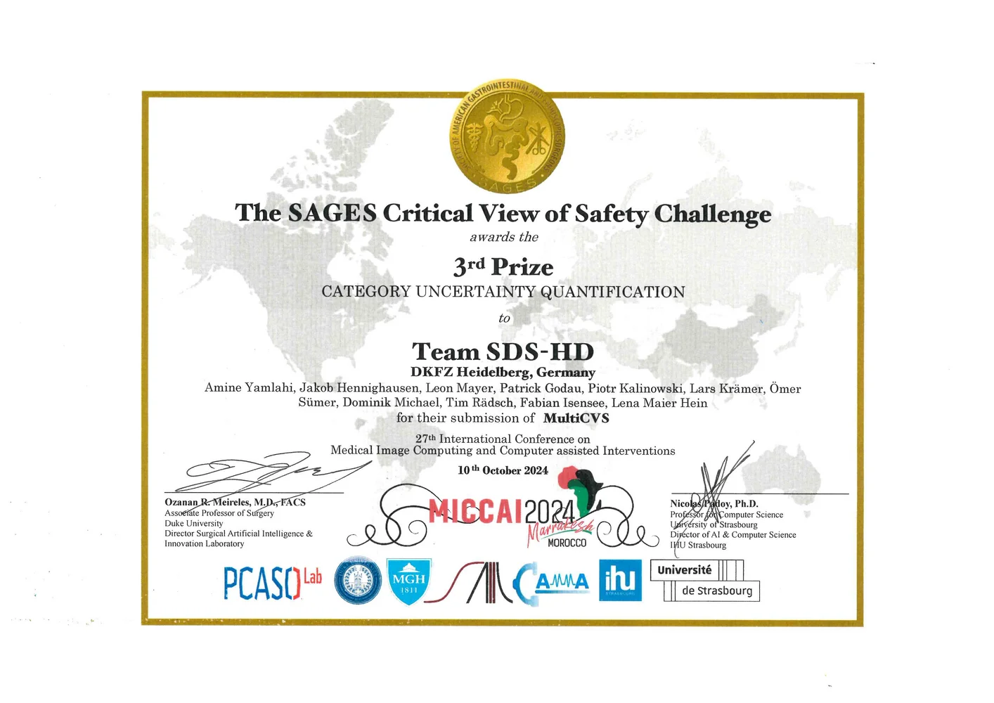 A certificate awarded to Team SDS-HD from DKFZ Heidelberg for achieving 3rd prize in the "SAGES Critical View of Safety Challenge" in the category of Uncertainty Quantification. The certificate is dated October 10, 2014, and displays various logos related to the event and institutions involved.