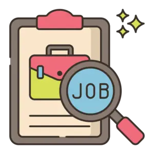Ein Clipboard mit einem Aktenkoffer-Symbol und einer Lupe, die das Wort „JOB“ umkreist. Das Bild symbolisiert die Jobsuche oder die Bewerbung um Stellenangebote.