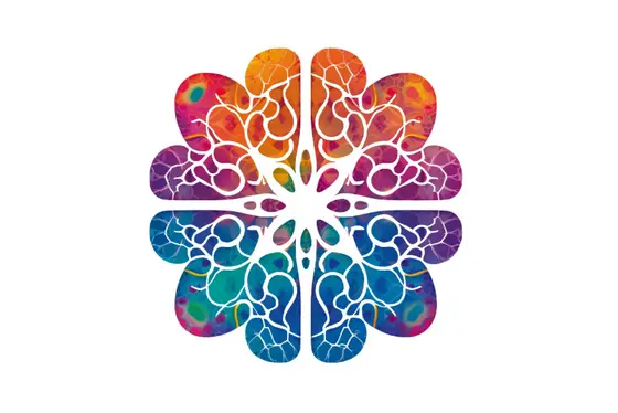 Ein symmetrisches, blumenförmiges Design mit organischen, weißen Linien, die an ein neuronales Netzwerk erinnern.