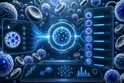 Eine futuristische Darstellung von Zellen und Datenanalyse, die verschiedene Zellstrukturen und grafische Benutzeroberflächen zeigt. Im Hintergrund sind Teilchen und Zellen sichtbar, während Datenströme und digitale Elemente überlagert sind, die eine wissenschaftliche Analyse verdeutlichen.