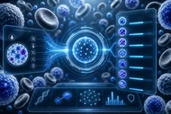 Eine futuristische Darstellung von Zellen und Datenanalyse, die verschiedene Zellstrukturen und grafische Benutzeroberflächen zeigt. Im Hintergrund sind Teilchen und Zellen sichtbar, während Datenströme und digitale Elemente überlagert sind, die eine wissenschaftliche Analyse verdeutlichen.