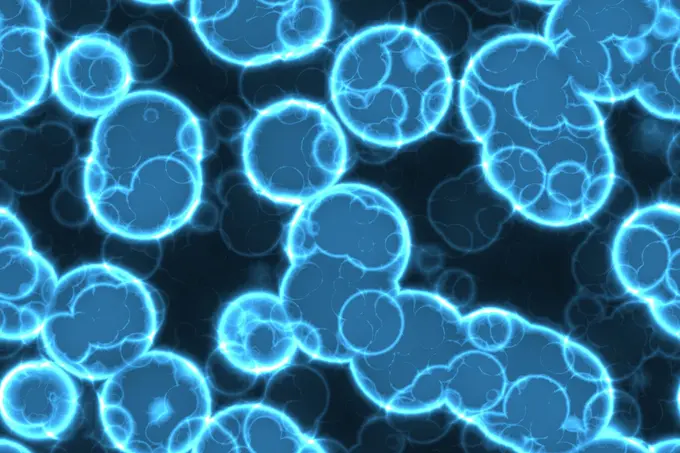 Eine Ansammlung von runden, leuchtend blauen Zellen auf einem dunklen Hintergrund. Die Zellen sind unterschiedlich groß und scheinen miteinander in Verbindung zu stehen, was ein Gefühl von Dynamik und Lebendigkeit vermittelt.