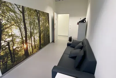A well-lit, modern room features a black sofa against a wall with a mural of trees and sunlight. A small table in front holds some papers, and a doorway leads to an adjoining area. The space is minimalistic and inviting.