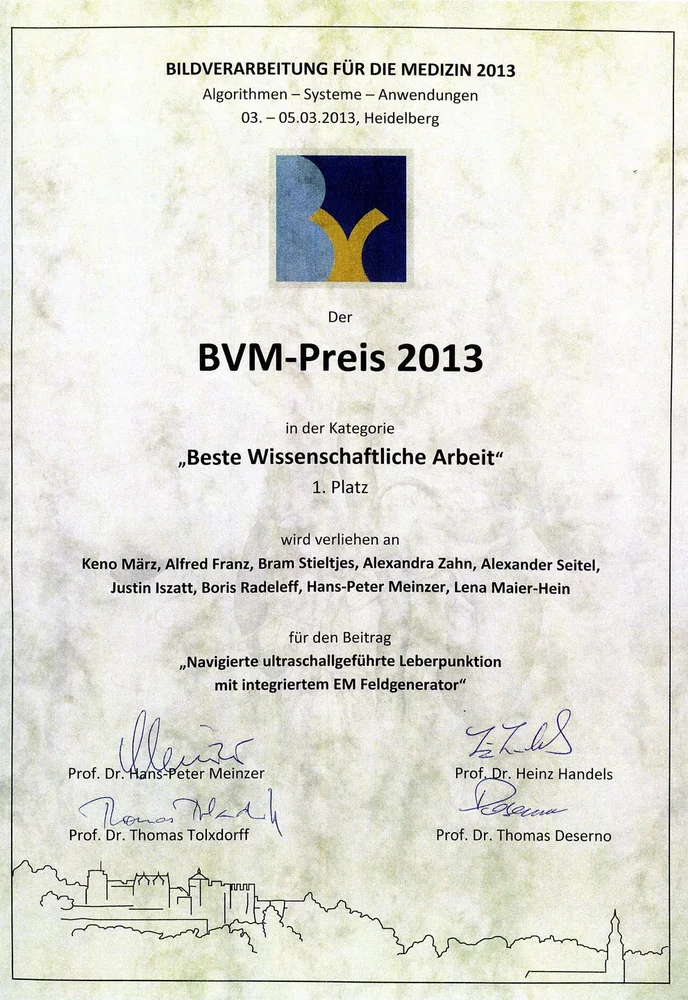 Certificate for the BVM Prize 2013, awarded for "Best Scientific Work." The document lists the winners: Keno Märtz, Alfred Franz, Bram Stieltjes, Alexandra Zahn, Alexander Seitel, Justin Iszatt, Boris Radeleff, Hans-Peter Meinzer, and Lena Maier-Hein, recognized for their contribution in medical image processing.