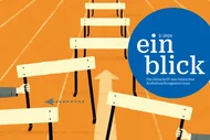 Eine bunte Zeitschrift mit einem orangefarbenen Hintergrund. Auf dem Titelblatt stehen mehrere Hindernisse in Form von Barrikaden, die von Händen in verschiedenen Richtungen geschoben werden. Oben rechts ist ein blauer Kreis mit dem Titel "einblick" zu sehen. Der Text behandelt klinische Studien und deren Herausforderungen.